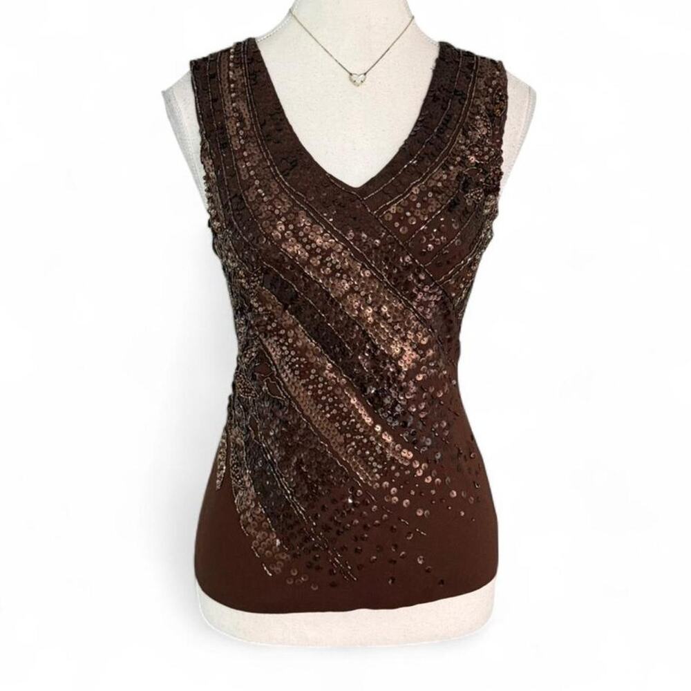 Brown Fairy Core Sequin Beaded Full Length V Neck Tank Top Tip size M Radzoli